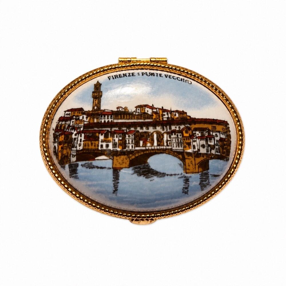 Vintage Italian Porcelain Firenze Ponte Vecchio Gold Hinged Pill Box